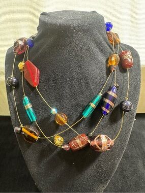 Vtg: Chicos Triple Strand Art Glass Invisible Necklace